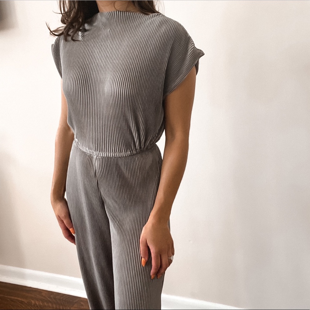 Grey plisse crop top and wide leg pant set